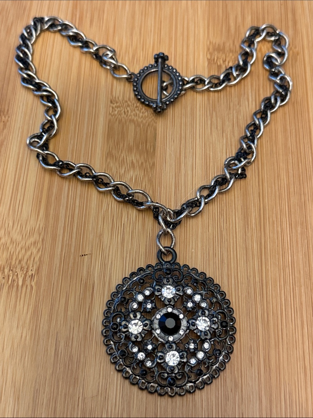 Black and Silver Tone Double Chain Filigree Pendant Statement Necklace